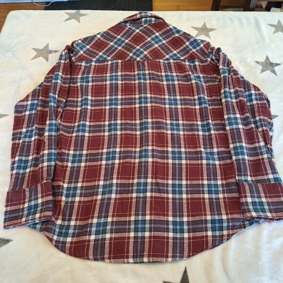 Wrangler Wrancher Men's Large Maroon Plaid Flannel Pearl Snap Button Up Shirt - Picture 7 of 9